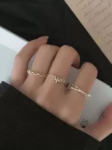 3 buc inel manșetă cu perle artificiale și strasuri - Aur Galben - Vizualizare 3