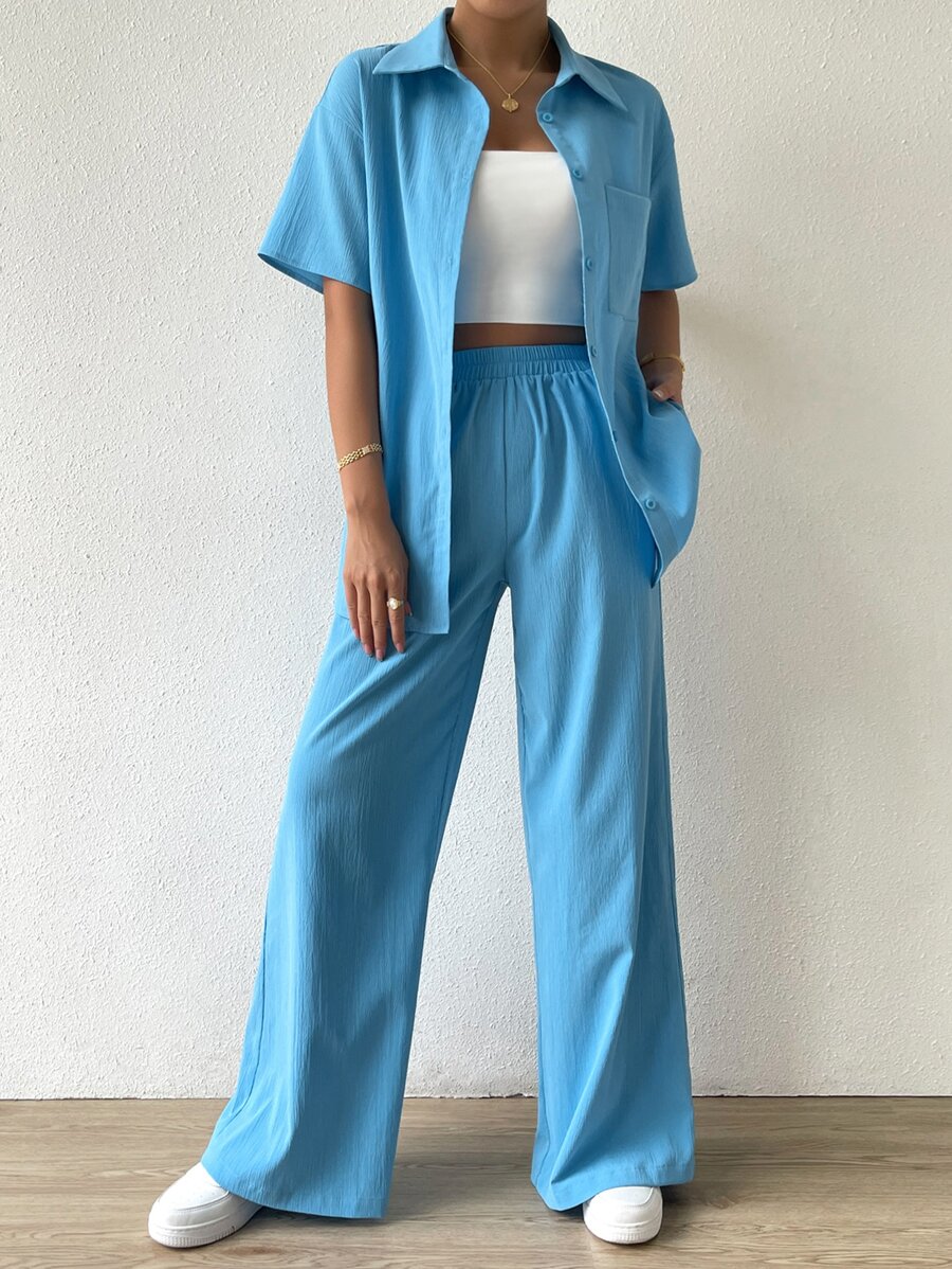 SHEIN LUNE Solid Button Front Shirt & Trousers - Blue - View 1