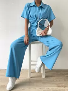 SHEIN LUNE Solid Button Front Shirt & Trousers - Blue - View 4