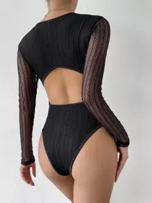 Chiquease Contrast Lace Plunge Neck Cut Out Bodysuit - Black - View 2