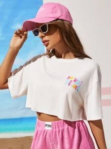 多巴胺穿衣法落肩袖標語圖案短款T恤