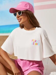 多巴胺穿衣法落肩袖標語圖案短款T恤