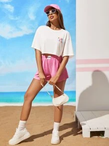 多巴胺穿衣法落肩袖標語圖案短款T恤