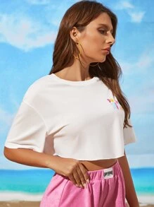 多巴胺穿衣法落肩袖標語圖案短款T恤