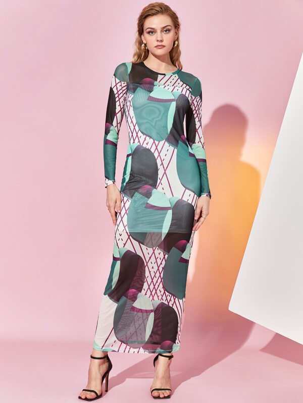 CAROLINE 1942 Geo Print Sheer Mesh Dress Without Cold Shoulder Top