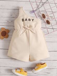 SHEIN Baby Letter Graphic Rib-knit One Shoulder Bow Front Romper - Apricot - View 1