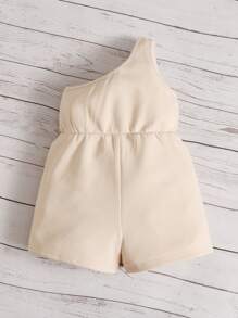 SHEIN Baby Letter Graphic Rib-knit One Shoulder Bow Front Romper - Apricot - View 2