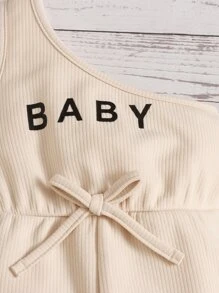SHEIN Baby Letter Graphic Rib-knit One Shoulder Bow Front Romper - Apricot - View 3