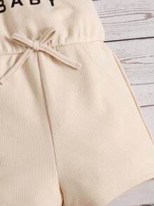 SHEIN Baby Letter Graphic Rib-knit One Shoulder Bow Front Romper - Apricot - View 4