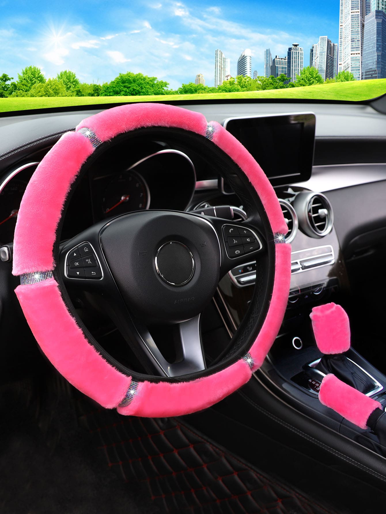 MEIKAXIU 3pcs/Set Soft Plush Glitter Bling Bling Steering Wheel Cover, Handbrake Cover, Gear Shift Knob Cover Universal For Car Women Use - Hot Pink - View 1