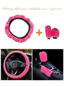 MEIKAXIU 3pcs/Set Soft Plush Glitter Bling Bling Steering Wheel Cover, Handbrake Cover, Gear Shift Knob Cover Universal For Car Women Use - Hot Pink - View 4