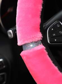MEIKAXIU 3pcs/Set Soft Plush Glitter Bling Bling Steering Wheel Cover, Handbrake Cover, Gear Shift Knob Cover Universal For Car Women Use - Hot Pink - View 7
