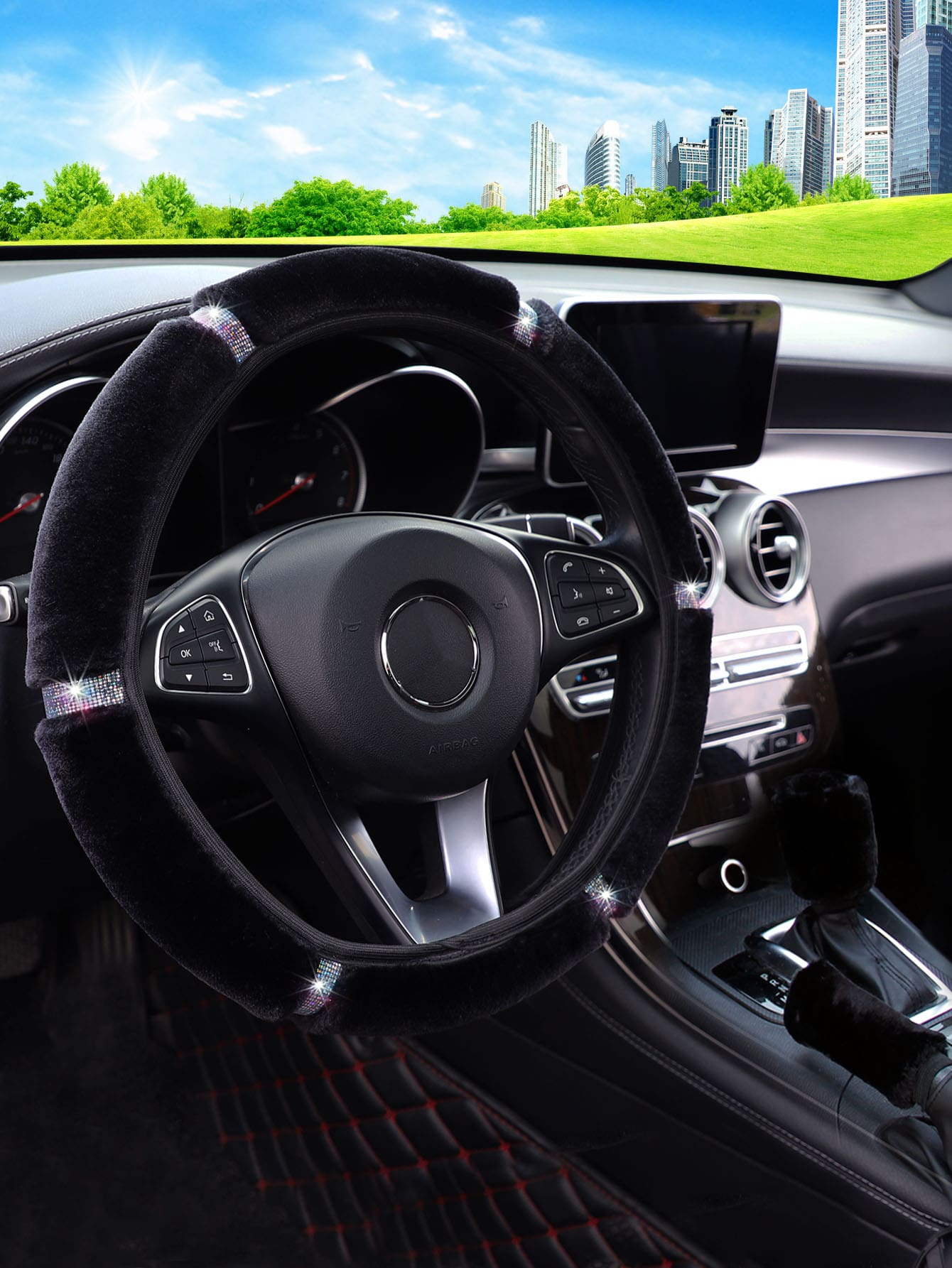 MEIKAXIU 3 件柔软毛绒闪亮金色毛绒闪亮方向盘套 + 手刹套 + 换档旋钮套，女士通用 - 黑色 - 查看 1