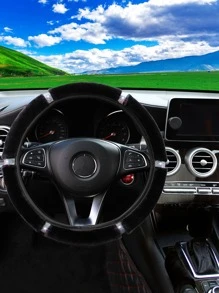 MEIKAXIU 3 件柔软毛绒闪亮金色毛绒闪亮方向盘套 + 手刹套 + 换档旋钮套，女士通用 - 黑色 - 查看 2