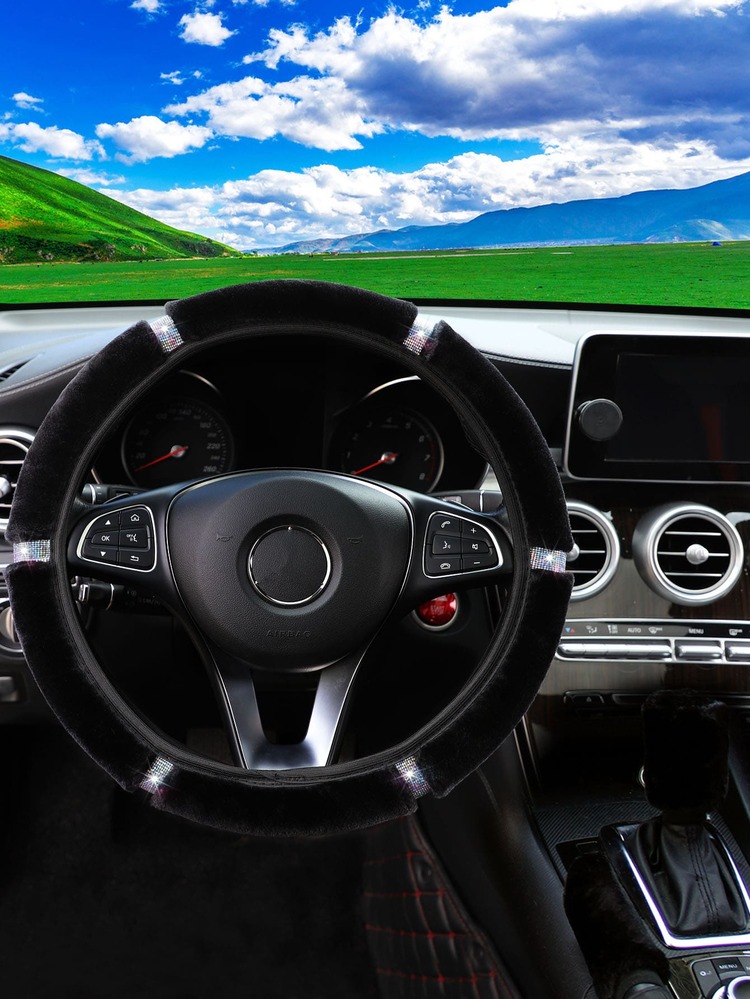 MEIKAXIU 3 件柔软毛绒闪亮金色毛绒闪亮方向盘套 + 手刹套 + 换档旋钮套，女士通用 - 黑色 - 查看 2