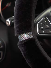 MEIKAXIU 3 件柔软毛绒闪亮金色毛绒闪亮方向盘套 + 手刹套 + 换档旋钮套，女士通用 - 黑色 - 查看 3