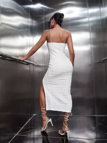 SHEIN SXY Plus Size Women Summer Elegant Sexy White Wave Knit Texture High Slit White Bodycon Dress, Suitable For Everyday Wear, Festival, Date Night, Birthday, Bachelorette Party Outfit,Wedding,Bridesmaid Dresses Elegant,Casual,Shopping, Streetwear, Going Out - White - View 3