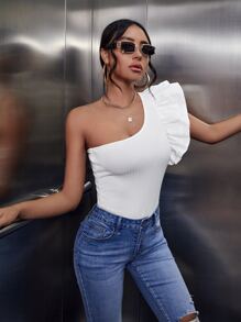 One Shoulder Flutter Sleeve Bodysuit - White - View 5
