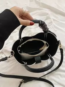 CONTAINEVERY 斜紋圍巾裝飾挎包帶內袋 - 黑與白 - 查看 6