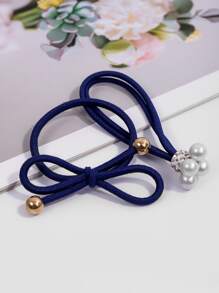 12pcs Bow & Faux Pearl Decor Hair Tie Ponytail ,Hair Elastics ,Hair Rubber Bands ,Scrunchies ,Hair Rope - Navy Blue - View 3