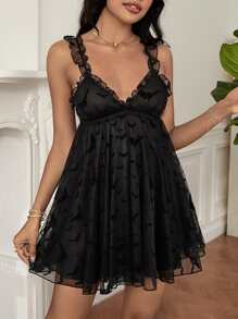Bat Pattern Frill Trim Cami Nightdress - Black - View 6