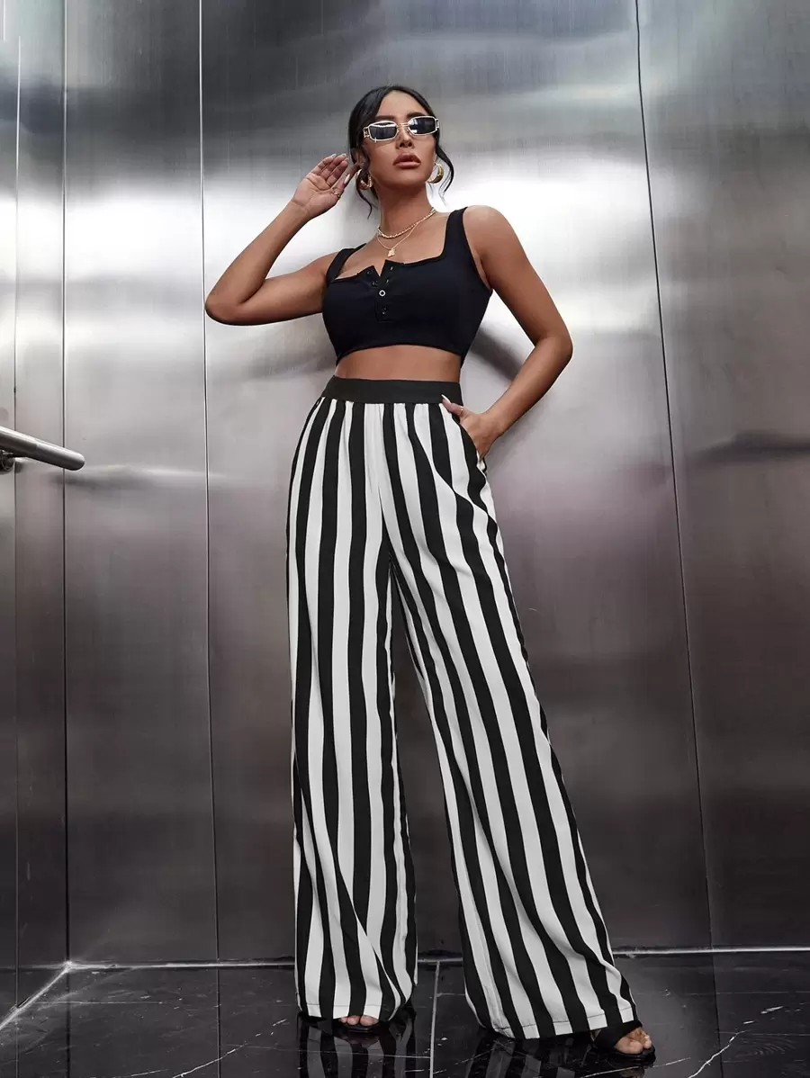 SHEIN Essnce Striped Wide Leg Trousers - Black and White - View 1