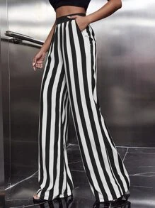 SHEIN Essnce Striped Wide Leg Trousers - Black and White - View 3