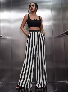 SHEIN Essnce Striped Wide Leg Trousers - Black and White - View 5