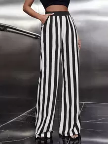 SHEIN Essnce Striped Wide Leg Trousers - Black and White - View 6