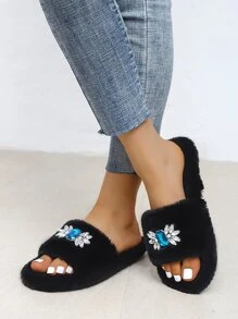 女士水鑽裝飾毛茸茸家庭時尚黑色臥室拖鞋 - 黑色 - 查看 4