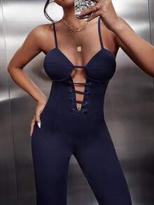 Cut Out Front Crisscross Back Unitard Jumpsuit - Navy Blue - View 2