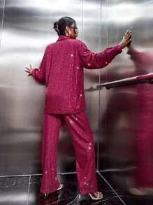 SHEIN Privé con botón delantero Pantalones con blusa Conjunto - Rosa Fucsia - Ver 3