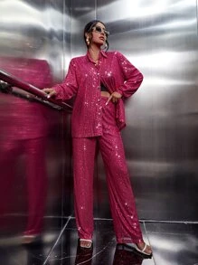 SHEIN Privé con botón delantero Pantalones con blusa Conjunto - Rosa Fucsia - Ver 5