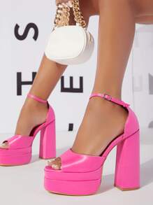 緞面踝帶超厚底高跟鞋 - 玫紅色 - 查看 1