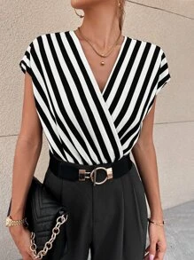 Zolique 條紋圖案蝙蝠袖交叉領連身背心 - 黑與白 - 查看 3