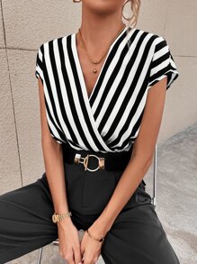 Zolique 條紋圖案蝙蝠袖交叉領連身背心 - 黑與白 - 查看 5