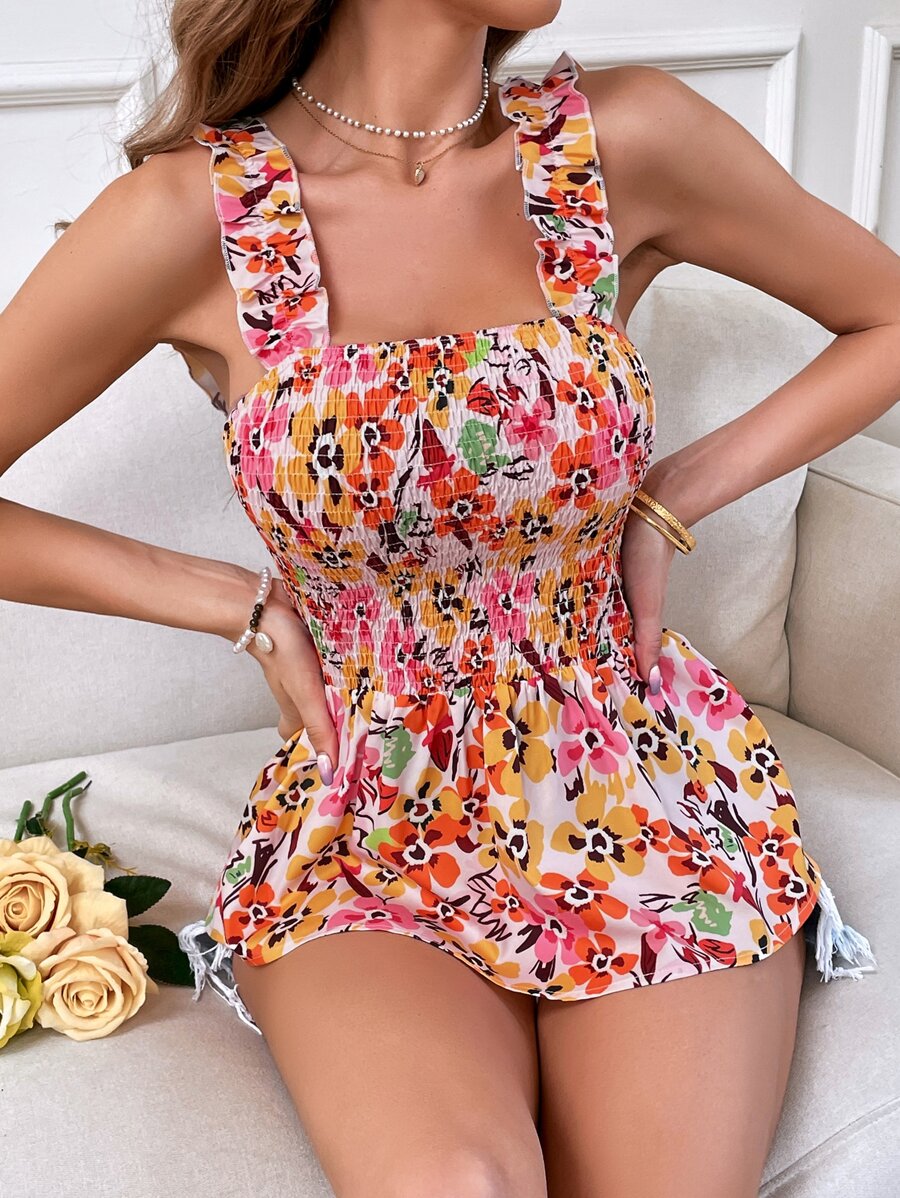 SHEIN VCAY Allover Print Shirred Frill Trim Cami Top - Yellow - View 1