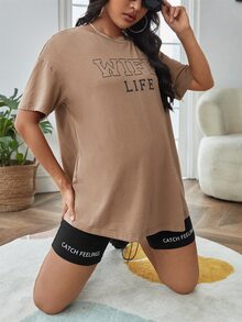 SHEIN Maternity Letter Graphic Tee & Cycling Shorts Set - Multicolor - View 3