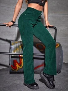 SHEIN Unity Pantalones con parche de letra pierna amplia de pana - Verde Oscuro - Ver 2
