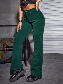 SHEIN Unity Pantalones con parche de letra pierna amplia de pana - Verde Oscuro - Ver 3