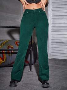 SHEIN Unity Pantalones con parche de letra pierna amplia de pana - Verde Oscuro - Ver 5