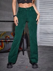 SHEIN Unity Pantalones con parche de letra pierna amplia de pana - Verde Oscuro - Ver 6
