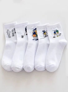 5雙男士卡通圖案中筒襪 - 白色 - 查看 1