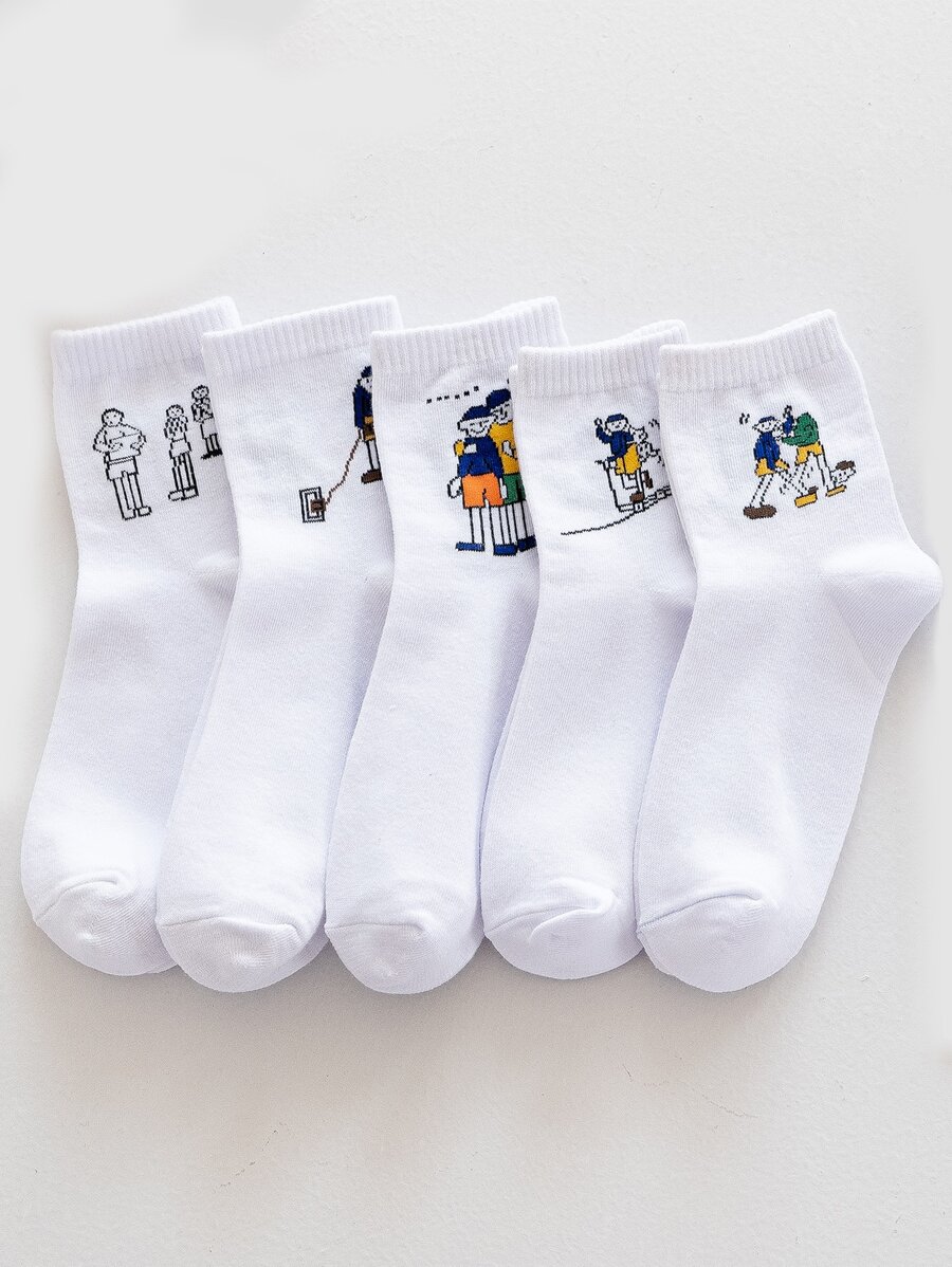 5雙男士卡通圖案中筒襪 - 白色 - 查看 1