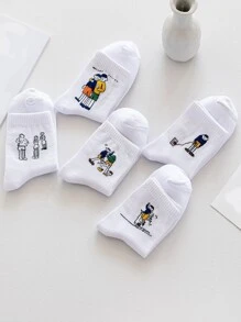 5雙男士卡通圖案中筒襪 - 白色 - 查看 3