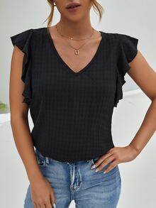 SHEIN Waffle Knit Ruffle Trim Blouse