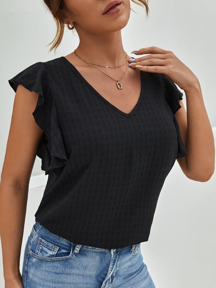 SHEIN Waffle Knit Ruffle Trim Blouse
