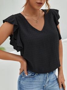 SHEIN Waffle Knit Ruffle Trim Blouse