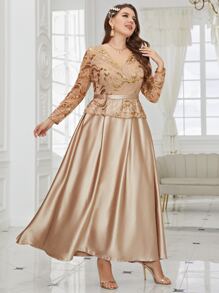 Modelyn Plus Sequin Detail Mesh Panel Dress - Champagne - View 4