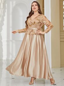 Modelyn Plus Sequin Detail Mesh Panel Dress - Champagne - View 5